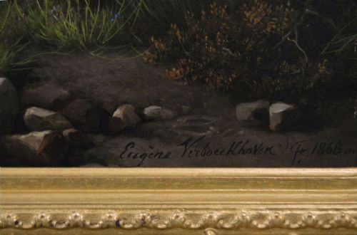 LANDSCAPE OIL PAINTING OF A PONY WITH SHEEP NEAR A COAST BY EUGENE JOSEPH VERBOECKHOVEN - ADDITIONAL PHOTO 9