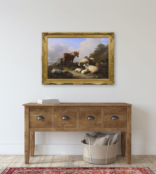 LANDSCAPE OIL PAINTING OF A PONY WITH SHEEP NEAR A COAST BY EUGENE JOSEPH VERBOECKHOVEN - ADDITIONAL PHOTO 13
