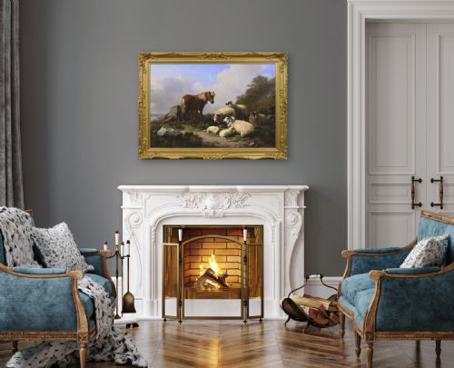 LANDSCAPE OIL PAINTING OF A PONY WITH SHEEP NEAR A COAST BY EUGENE JOSEPH VERBOECKHOVEN - ADDITIONAL PHOTO 14