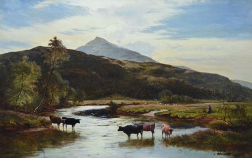 fig 1. A nineteenth-century landscape oil painting depicting cattle watering in a Welsh mountain river, enclosed within an elaborate carved gold frame.