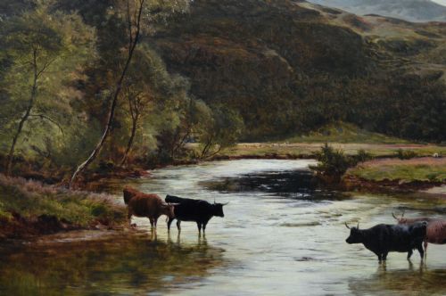 fig 2. A nineteenth-century landscape oil painting depicting cattle watering in a Welsh mountain river, enclosed within an elaborate carved gold frame.