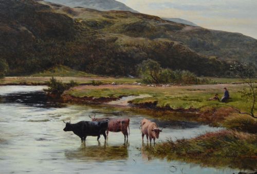 fig 3. A nineteenth-century landscape oil painting depicting cattle watering in a Welsh mountain river, enclosed within an elaborate carved gold frame.