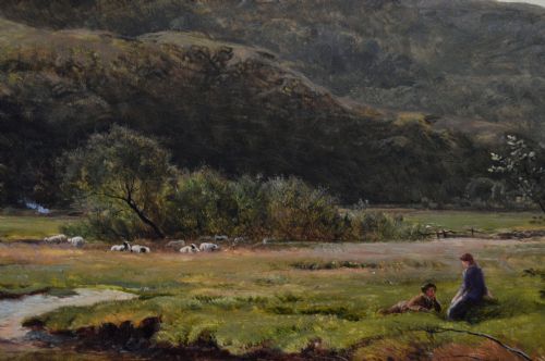 fig 4. A nineteenth-century landscape oil painting depicting cattle watering in a Welsh mountain river, enclosed within an elaborate carved gold frame.