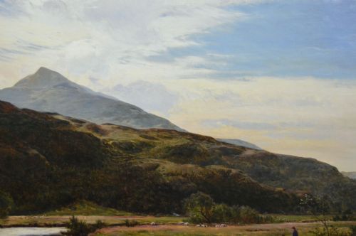 fig 5. A nineteenth-century landscape oil painting depicting cattle watering in a Welsh mountain river, enclosed within an elaborate carved gold frame.