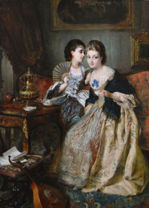 GENRE OIL PAINTING OF TWO WOMEN AT TEA BY ROBERT ALEXANDER HILLINGFORD - ADDITIONAL PHOTO 1
