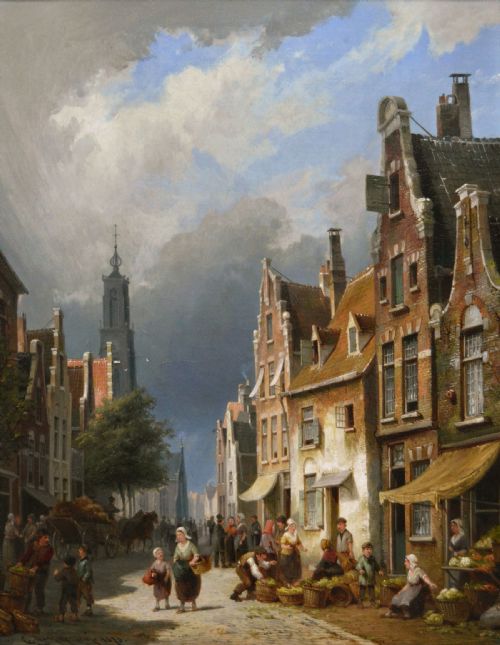 TOWNSCAPE OIL PAINTING OF FIGURES IN A DUTCH STREET BY CORNELIS CHRISTIAN DOMMERSEN - ADDITIONAL PHOTO 1