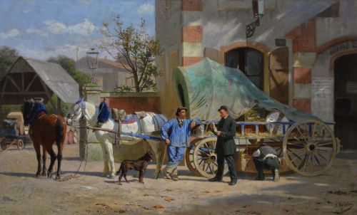 GENRE OIL PAINTING OF FIGURES WITH HORSES AND A CART BY LON JOSEPH VOIRIN - ADDITIONAL PHOTO 1