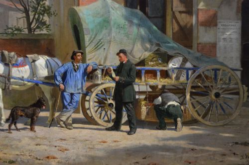 GENRE OIL PAINTING OF FIGURES WITH HORSES AND A CART BY LON JOSEPH VOIRIN - ADDITIONAL PHOTO 2