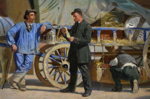 GENRE OIL PAINTING OF FIGURES WITH HORSES AND A CART BY LON JOSEPH VOIRIN - ADDITIONAL PHOTO 3