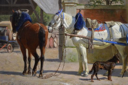 GENRE OIL PAINTING OF FIGURES WITH HORSES AND A CART BY LON JOSEPH VOIRIN - ADDITIONAL PHOTO 4