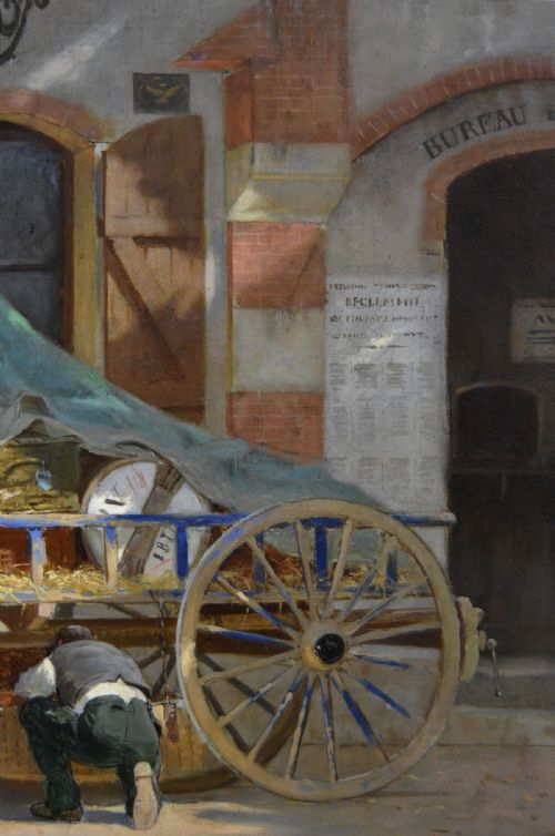 GENRE OIL PAINTING OF FIGURES WITH HORSES AND A CART BY LON JOSEPH VOIRIN - ADDITIONAL PHOTO 5