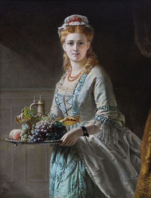 PORTRAIT OIL PAINTING OF A WOMAN HOLDING A TRAY BY JOHN ROBERT DICKSEE - ADDITIONAL PHOTO 1