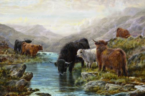 fig 1. An oil painting depicting a herd of Highland cattle watering at a stream within a misty Scottish mountain landscape, enclosed in a gilded floral frame.