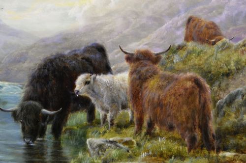 fig 2. An oil painting depicting a herd of Highland cattle watering at a stream within a misty Scottish mountain landscape, enclosed in a gilded floral frame.