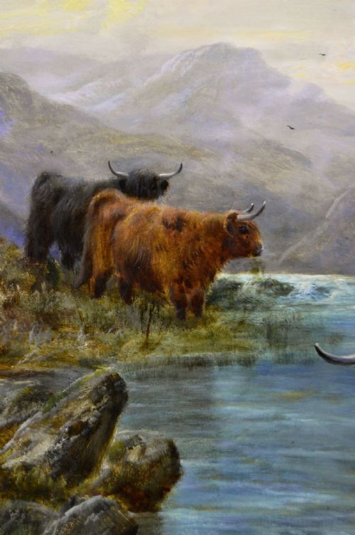 fig 3. An oil painting depicting a herd of Highland cattle watering at a stream within a misty Scottish mountain landscape, enclosed in a gilded floral frame.