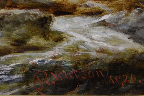 fig 4. An oil painting depicting a herd of Highland cattle watering at a stream within a misty Scottish mountain landscape, enclosed in a gilded floral frame.