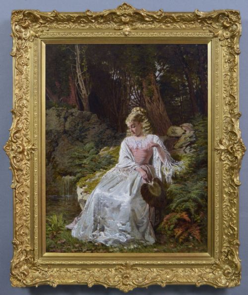PORTRAIT OIL PAINTING OF A WOMAN SAT NEXT TO A WOODLAND POOL BY THOMAS EDWARD ROBERTS