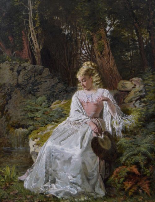 PORTRAIT OIL PAINTING OF A WOMAN SAT NEXT TO A WOODLAND POOL BY THOMAS EDWARD ROBERTS - ADDITIONAL PHOTO 1