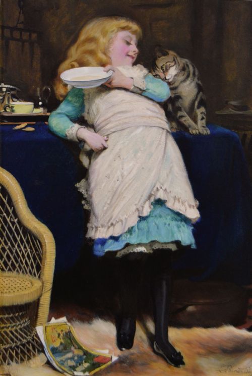 fig 1. A 19th-century framed oil painting depicting a young girl in a white apron offering a saucer to a tabby cat beside a table.