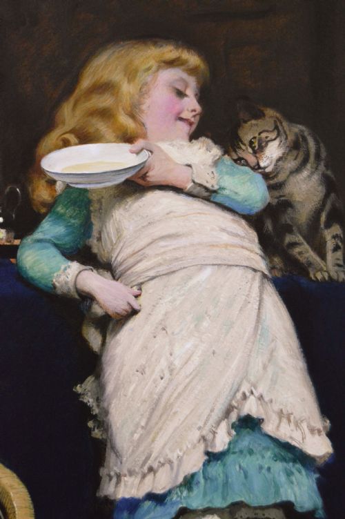 fig 2. A 19th-century framed oil painting depicting a young girl in a white apron offering a saucer to a tabby cat beside a table.
