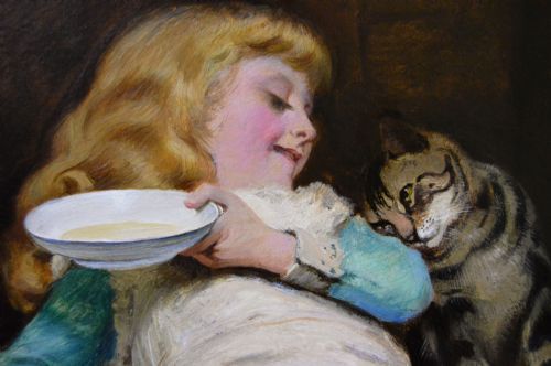 fig 3. A 19th-century framed oil painting depicting a young girl in a white apron offering a saucer to a tabby cat beside a table.