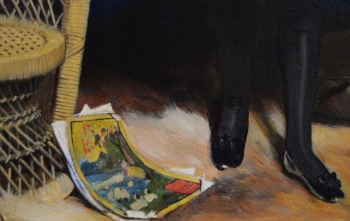 fig 4. A 19th-century framed oil painting depicting a young girl in a white apron offering a saucer to a tabby cat beside a table.