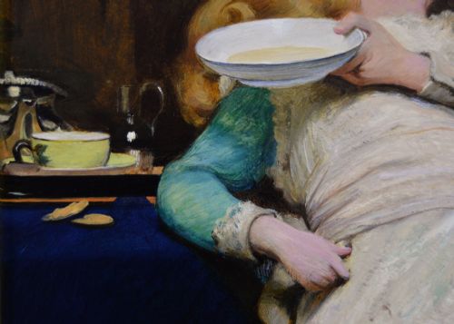 fig 5. A 19th-century framed oil painting depicting a young girl in a white apron offering a saucer to a tabby cat beside a table.