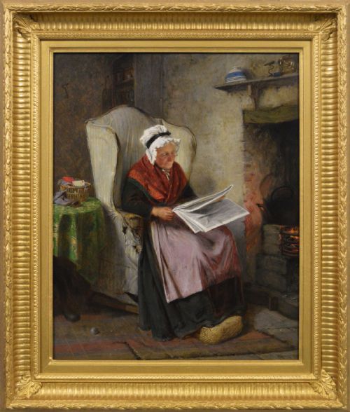 GENRE OIL PAINTING OF AN ELDERLY WOMAN IN A COTTAGE BY HAYNES KING