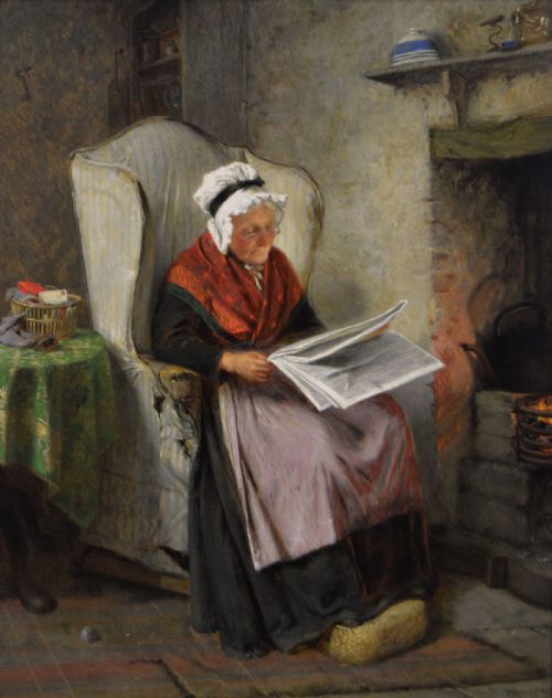 GENRE OIL PAINTING OF AN ELDERLY WOMAN IN A COTTAGE BY HAYNES KING - ADDITIONAL PHOTO 1