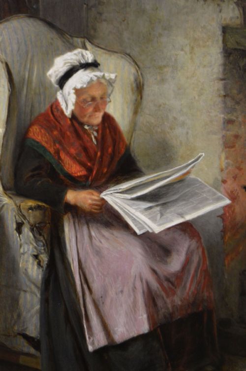 GENRE OIL PAINTING OF AN ELDERLY WOMAN IN A COTTAGE BY HAYNES KING - ADDITIONAL PHOTO 2