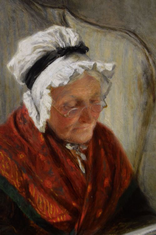 GENRE OIL PAINTING OF AN ELDERLY WOMAN IN A COTTAGE BY HAYNES KING - ADDITIONAL PHOTO 3