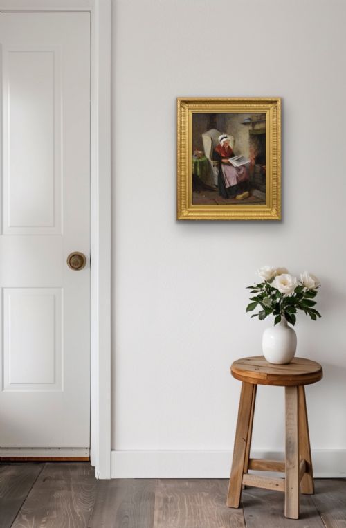 GENRE OIL PAINTING OF AN ELDERLY WOMAN IN A COTTAGE BY HAYNES KING - ADDITIONAL PHOTO 8