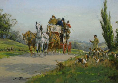COACHING SCENE OIL PAINTING OF A STAGE COACH HOUNDS BY GEORGE WRIGHT - ADDITIONAL PHOTO 1