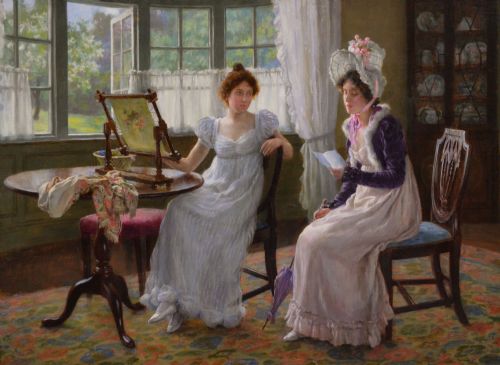 GENRE OIL PAINTING OF TWO WOMEN IN A COUNTRY HOUSE INTERIOR BY CHARLES HAIGH WOOD - ADDITIONAL PHOTO 1