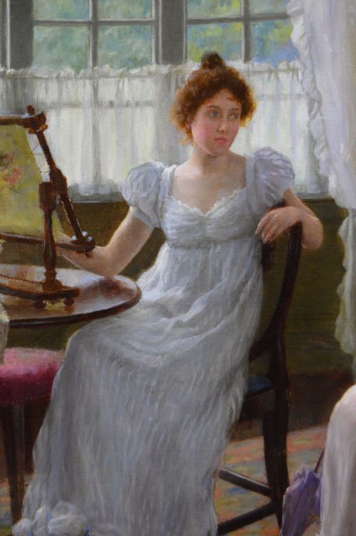 GENRE OIL PAINTING OF TWO WOMEN IN A COUNTRY HOUSE INTERIOR BY CHARLES HAIGH WOOD - ADDITIONAL PHOTO 3
