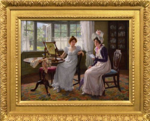 GENRE OIL PAINTING OF TWO WOMEN IN A COUNTRY HOUSE INTERIOR BY CHARLES HAIGH WOOD