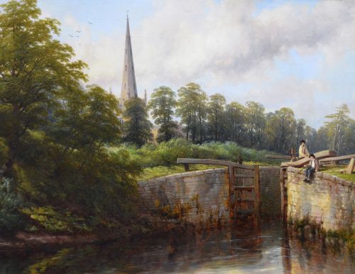fig 1. A Victorian oil painting on canvas depicting a river lock and church spire, framed in a carved giltwood frame.