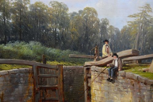 fig 2. A Victorian oil painting on canvas depicting a river lock and church spire, framed in a carved giltwood frame.