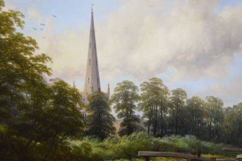 fig 3. A Victorian oil painting on canvas depicting a river lock and church spire, framed in a carved giltwood frame.