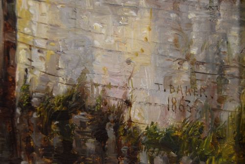 fig 4. A Victorian oil painting on canvas depicting a river lock and church spire, framed in a carved giltwood frame.