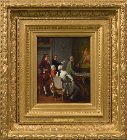 HISTORICAL GENRE OIL PAINTING OF A GROUP OF GENTLEMEN ADMIRING A PAINTING BY BENJAMIN EUGENE FICHEL