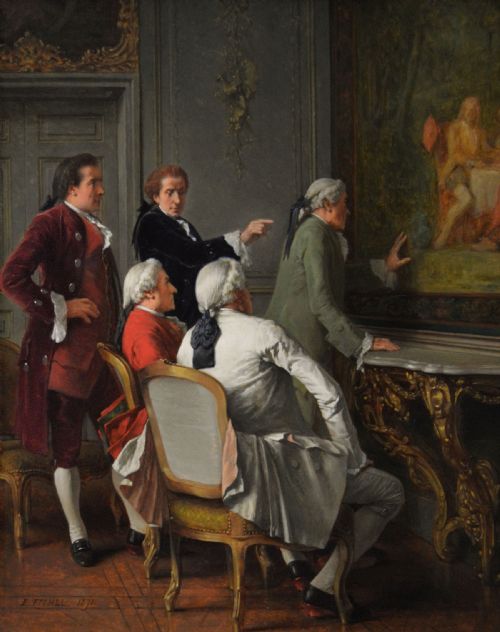 HISTORICAL GENRE OIL PAINTING OF A GROUP OF GENTLEMEN ADMIRING A PAINTING BY BENJAMIN EUGENE FICHEL - ADDITIONAL PHOTO 1