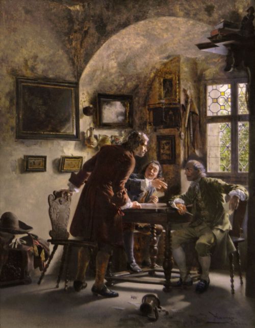 fig 1. An oil painting depicting three men in 18th-century attire playing cards inside a tavern, framed in an ornate giltwood frame.