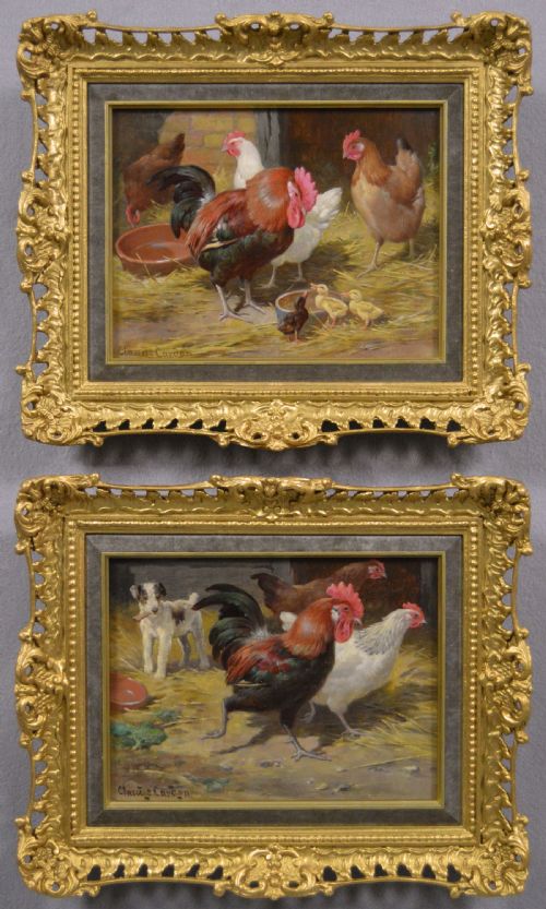 PAIR OF FARM ANIMAL OIL PAINTINGS OF CHICKENS OTHER ANIMALS BY CLAUDE CARDON