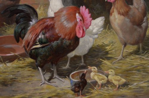 PAIR OF FARM ANIMAL OIL PAINTINGS OF CHICKENS OTHER ANIMALS BY CLAUDE CARDON - ADDITIONAL PHOTO 2