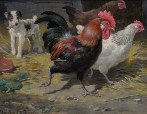 PAIR OF FARM ANIMAL OIL PAINTINGS OF CHICKENS OTHER ANIMALS BY CLAUDE CARDON - ADDITIONAL PHOTO 5