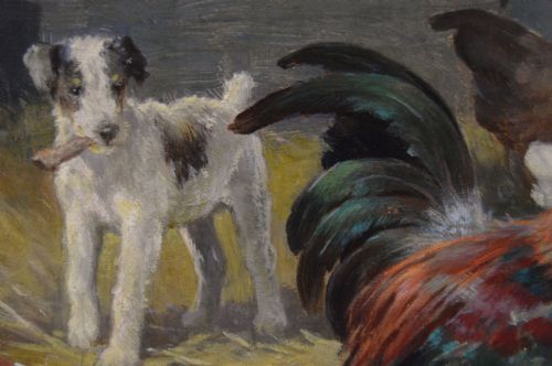 PAIR OF FARM ANIMAL OIL PAINTINGS OF CHICKENS OTHER ANIMALS BY CLAUDE CARDON - ADDITIONAL PHOTO 6