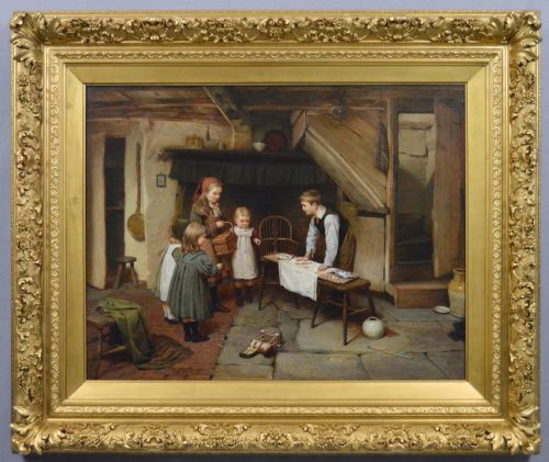GENRE OIL PAINTING OF CHILDREN PLAYING IN A COTTAGE BY HARRY BROOKER