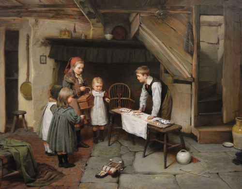 GENRE OIL PAINTING OF CHILDREN PLAYING IN A COTTAGE BY HARRY BROOKER - ADDITIONAL PHOTO 1