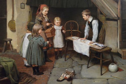GENRE OIL PAINTING OF CHILDREN PLAYING IN A COTTAGE BY HARRY BROOKER - ADDITIONAL PHOTO 2